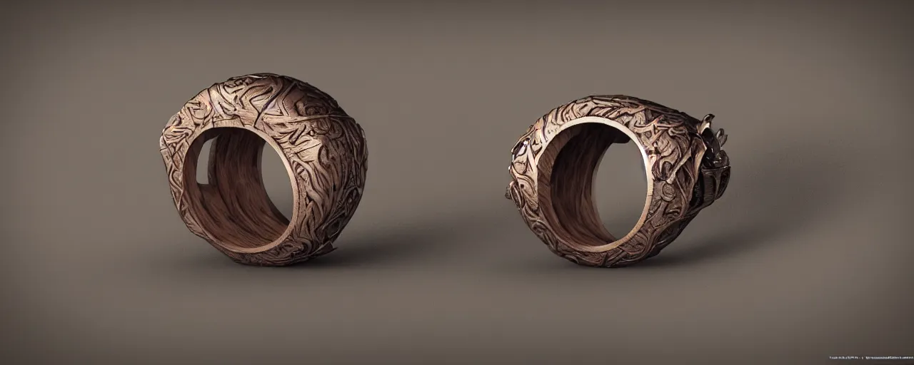 Image similar to wooden ring with a sword ornament, ring, wood, steel, sword, smooth shank, engravings, product design, jewelry, art by gerald brom, greg rutkowski and artgerm and james jean and zdzisław beksinski, 8 k, unreal engine, c 4 d