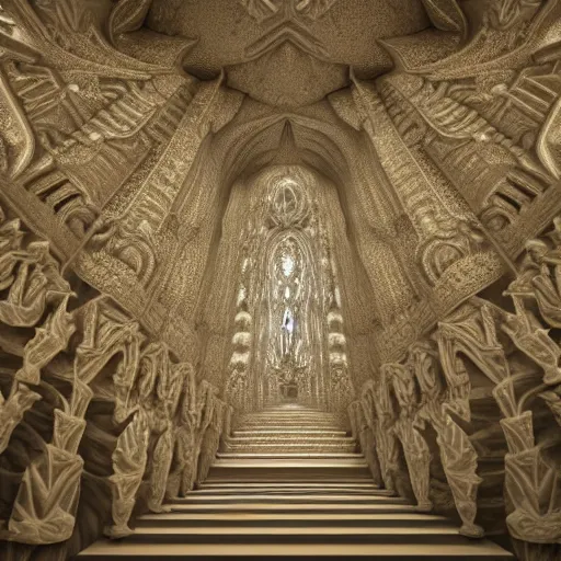 Image similar to a hyperrealistic 3 d render of a sprawling fractal cathedral interior populated by mandelbrot fractals, unreal engine, carved ivory, carved soap, white color scheme, physically based render, volumetric lighting, octane render, glowing, carved marble, opalescent, sacred geometry, catholicpunk, stark, 8 k, ultra detailed