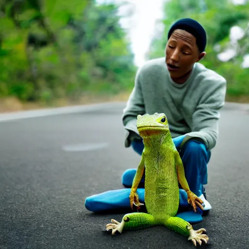 Image similar to cinematic film still of Pharrell Williams holding a lizard while Making A Beat with an anthropomorphic alien, Japanese VFX, 2018, 400mm lens, f1.8, shallow depth of field,film photography