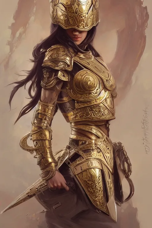 Image similar to attractive young female, ornate metallic helmet, battle armor, olive skin, long dark hair, beautiful bone structure, intricate, elegant, highly detailed, digital painting, artstation, concept art, smooth, sharp focus, illustration, art by artgerm and greg rutkowski and alphonse mucha