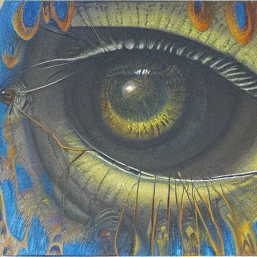 Prompt: robust, elaborate by bob eggleton, by louis majorelle. a drawing of a large eye that is looking directly at the viewer. the eye is composed of a myriad of colors & patterns, & it is surrounded by smaller eyes.