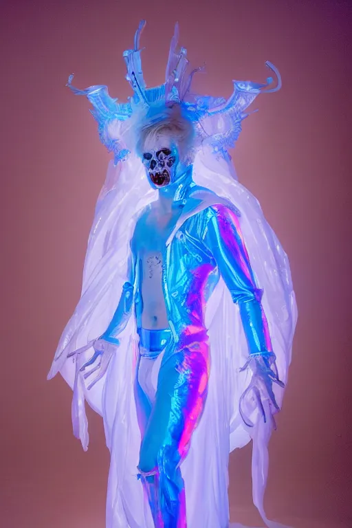 Prompt: full-body rococo and cyberpunk delicate neon crystalline sculpture of ((young muscular albino prince Sean Mendez)) as an iridescent humanoid deity wearing a thin see-through ((plastic hooded cloak)) (holding a human skull) in a white castle dungeon, reclining con (((las piernas abiertas))), glowing pink face, crown of (pink lasers), large blue diamonds, swirling black silk fabric. futuristic elements. oozing glowing liquid, full-length view. space robots. intricate artwork by caravaggio. Trending on artstation, octane render, cinematic lighting from the right, hyper realism, octane render, 8k, depth of field, 3D