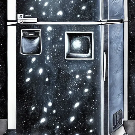 Image similar to a refrigerator that is a portal to the universe, highly detailed, concept art