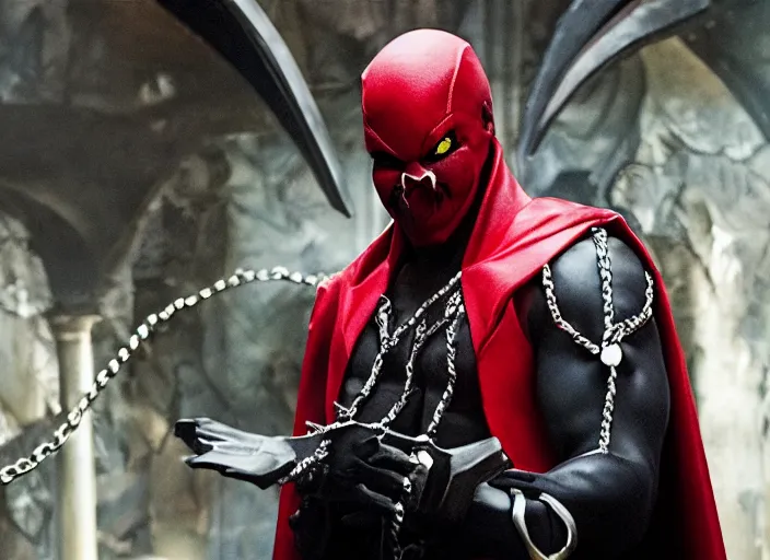 Prompt: film still of jamie foxx as spawn in the new spawn movie, giant chains, large cape, 8 k