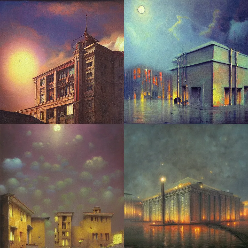Prompt: detailed painting of a soviet building, exterior, floral ornaments, volumetrics lights, beam of bright lights through the clouds, beksinski, bougeureau