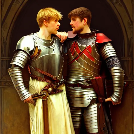 Image similar to attractive arthur pendragon and his attractive male knight, they are in love, natural lighting, path traced, highly detailed, high quality, digital painting, by gaston bussiere, craig mullins, alphonse mucha j. c. leyendecker