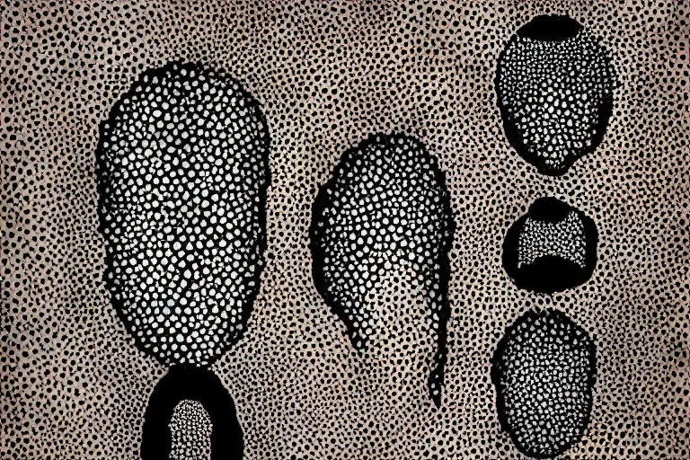 Image similar to anxiety, faceless people dark, dots abstract, dripping, stipple, pointillism, technical, abstract, minimal, style of francis bacon, asymmetry, pulled apart, stretch, cloak, eerie, made of dots, abstraction chemicals, balaclava mask, colored dots, sploch