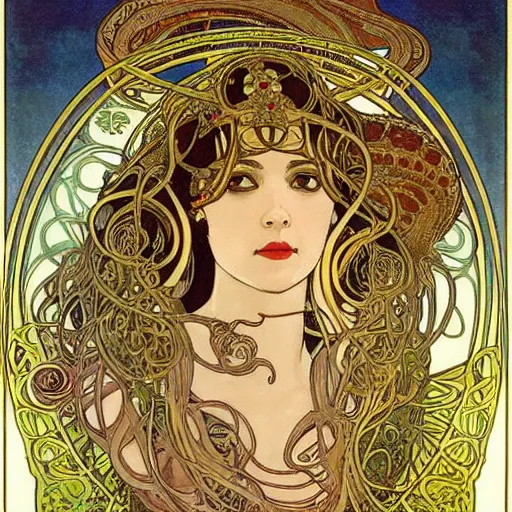 Image similar to cleopatra with coiled serpents beautiful detailed romantic art nouveau face portrait by alphonse mucha, kay nielsen, yoshitaka amano, and gustav klimt, hauntingly beautiful refined moody dreamscape