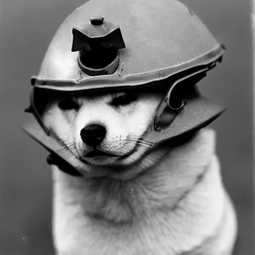 Image similar to close up of a shiba inu wearing soldier helmet in the battle, ww 2 historical photography, black & white photo