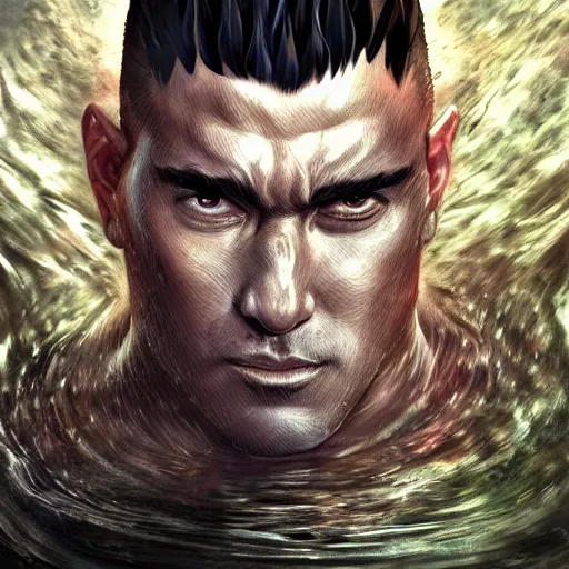 Image similar to photoshop photo edited painting photorealistic shockingly amazing portrait of guts from berserk submerged in water ,extremely detailed, made by wlop and maxwell boas