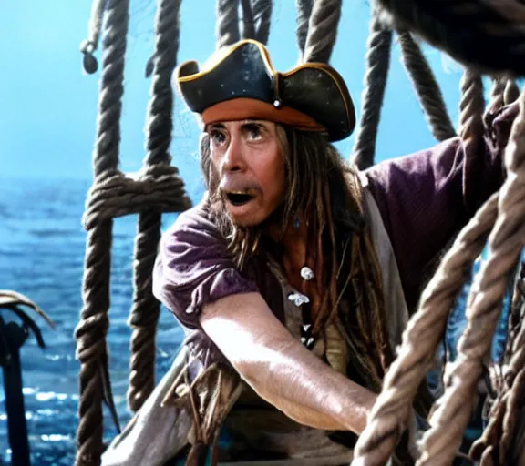 Image similar to still of davy jones playing basketball, pirates of the caribbean screenshot, movie still, photorealistic, cinematic lighting, daylight, deck of the ship, clean composition