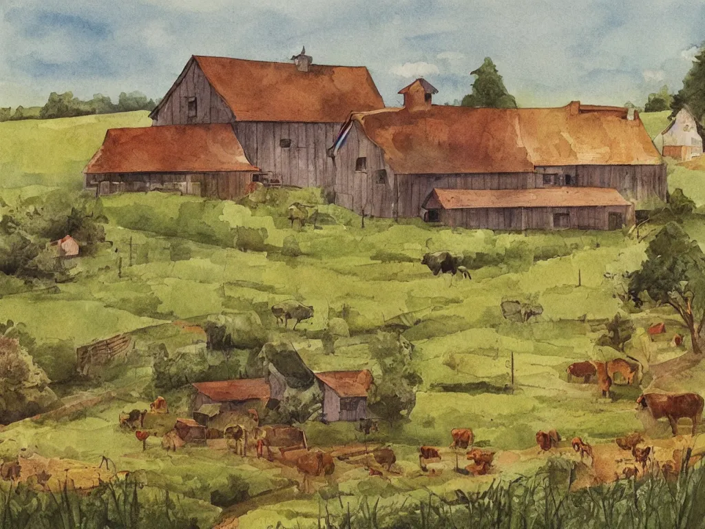 Prompt: a wonderful childrens book illustration of a farm house in the countryside, art by dan gartman, behance, aesthetically pleasing and harmonious warm natural colors