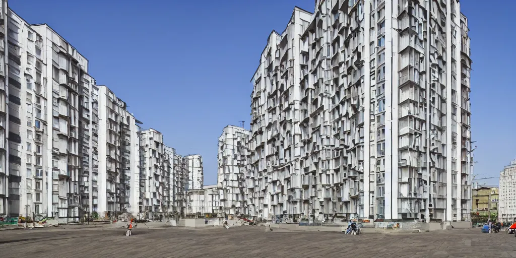 Image similar to photo of a low income highrise geometric Russian city, apartments, train station, avenues. Square with a statue of leader