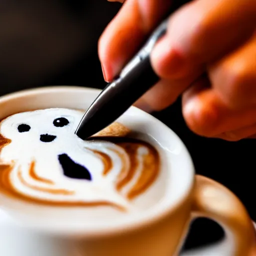 Image similar to a closeup photorealistic photograph of barista drawing bichon frise shaped latte art in a cup. professional capture, well lit shot. this 4 k hd image is trending on artstation, featured on behance, well - rendered, extra crisp, features intricate detail, epic composition and the style of unreal engine.