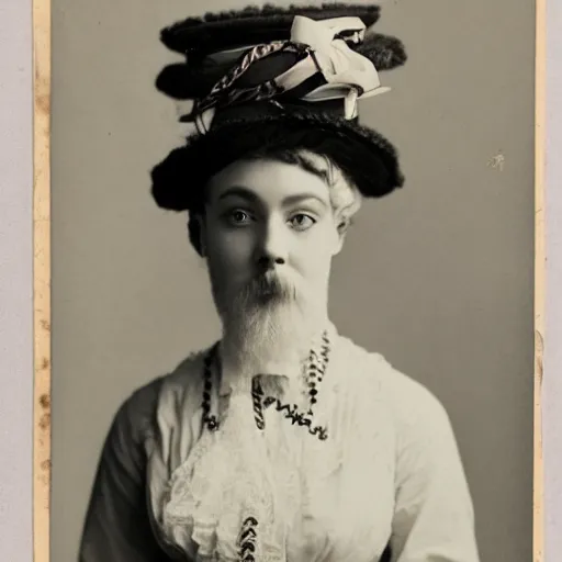 Image similar to bearded lady in fine victorian fashion, ribbons in beard, fancy hat, vintage photography