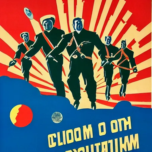 Prompt: soviet propaganda poster of colonization of the solar system