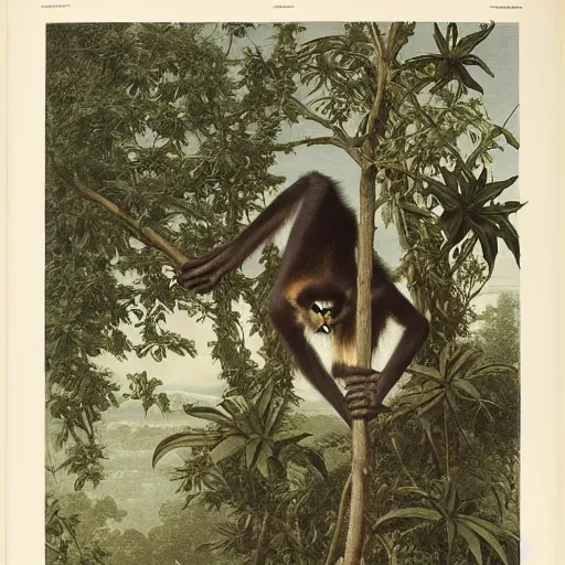 Image similar to spider monkey on a tree, by walton ford, audubon, haeckel, bouguereau