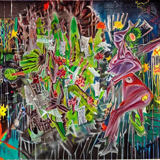 Image similar to by roberto matta, by david aja. this street art is a large canvas, covered in a wash of color. in the center is a cluster of flowers, their petals curling & twisting in on themselves. the effect is ethereal & dreamlike, & the overall effect is one of serenity & peace.