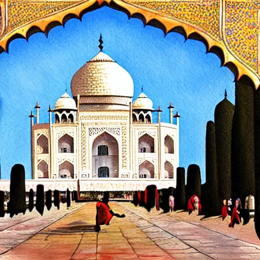 Prompt: the majestic taj mahal at the heart of the city, trending on pixiv