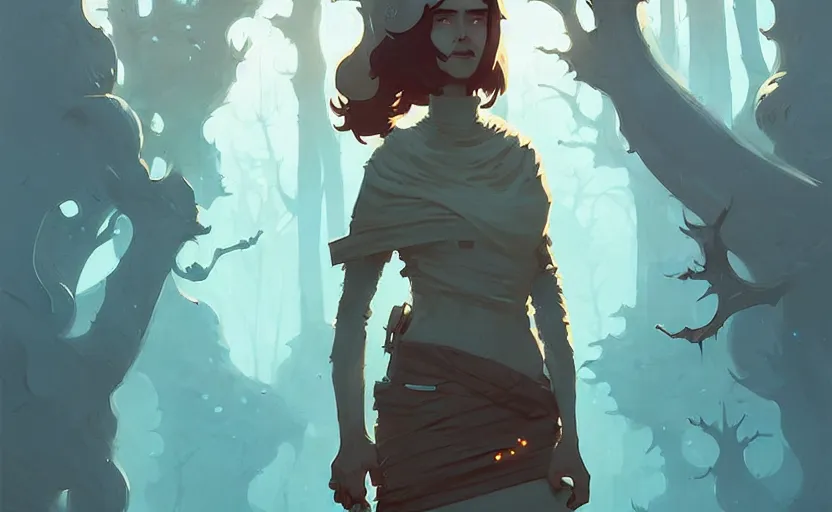 Image similar to female druid by atey ghailan, by greg rutkowski, by simon stalenhag, by greg tocchini, by james gilleard, by joe fenton, by kaethe butcher dynamic lighting, gradient light blue, brown, blonde cream and white color scheme, grunge aesthetic