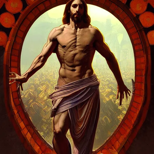 Image similar to fullbody!! entire body, dynamic action pose, jesus as a scaly cold blooded reptilian lizard, intricate, humorous, holy cross, religious, absurd, highly detailed, digital painting, artstation, concept art, smooth, sharp focus, illustration, art by artgerm and greg rutkowski and alphonse mucha