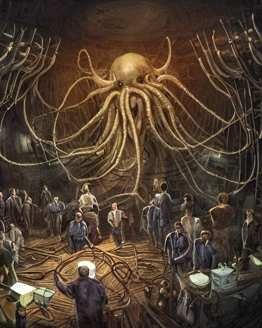 Prompt: A group of scientists surrounding a Lovecraftian monster in a secret government containment facility, sublime lighting, photoreal