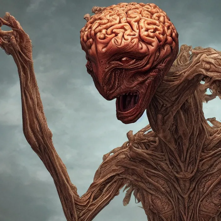 Prompt: a weird alien creature made entirely out of brains. Highly detailed. 8k. Fantasy horror.