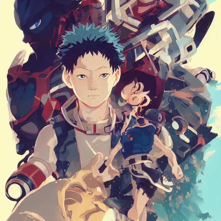 Image similar to anime portrait my hero academia, futuristic science fiction, mucha, hard shadows and strong rim light, art by jc leyendecker and atey ghailan and sachin teng