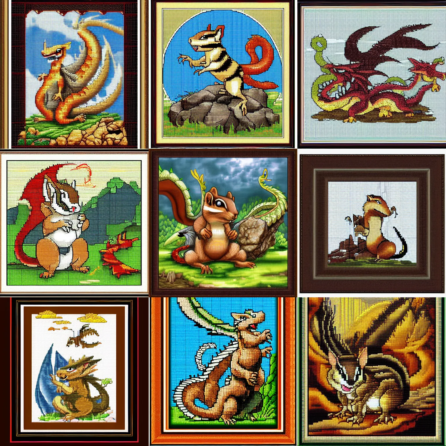 Prompt: a chipmunk fighting a huge dragon on a stony cliff, large frame cross stitch design