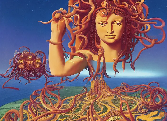 Image similar to monalisa as medusa, omnious by kilian eng, chris foss, rodney matthews, robert mccall, jacek yerka and vladimir kush, oil on canvas