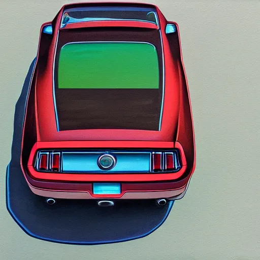 Prompt: ford mustang top view with shades on it and random color lights escaping from a door to lighting the car, painting by Kentarō Miura