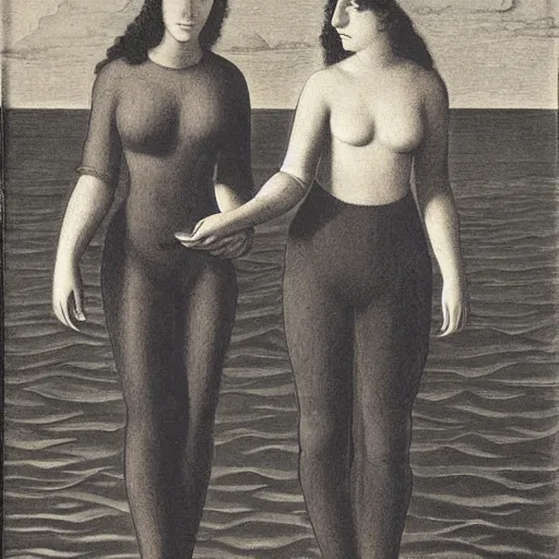 Prompt: two women!!! holding hands! on a pier! next to the ocean!! looking at the camera! by grant wood!-H 768