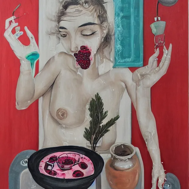 Image similar to “ a portrait in a female art student ’ s apartment, sensual, a pig theme, pork, bath, art supplies, surgical iv bag, octopus, ikebana, herbs, a candle dripping white wax, japanese pottery, squashed berries, berry juice drips, acrylic and spray paint and oilstick on canvas, surrealism, neoexpressionism ”