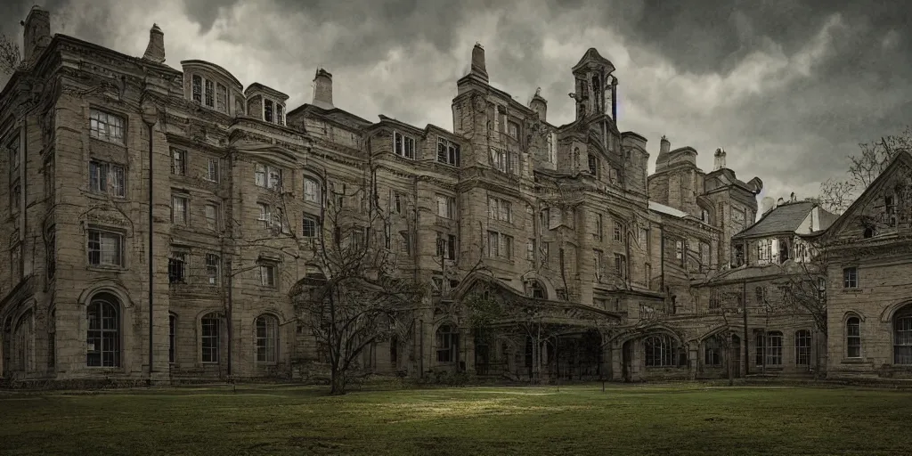 Image similar to Lunatic Asylum, by WLOP, exterior, majestic, realistic, detailed, epic scenery, ominous