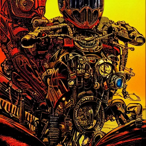 Prompt: infernal motorbiker, atmospheric lighting, painted, intricate, golden hour, ultra detailed by philippe druillet