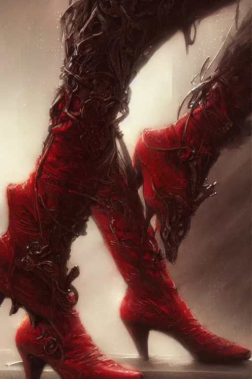 Image similar to red women's boots, shoes only, by wlop, by luis royo, by peter mohrbacher, concept art, digital illustration, intricate, masterpiece, elegant, super detailed, unreal engine rendering, smooth, sharp focus, artstation hq