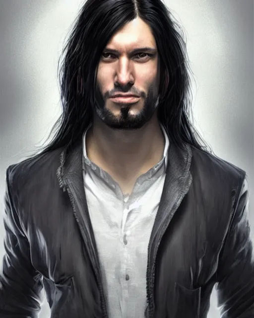 Image similar to portrait of tall, tired 3 3 - year - old handsome man with long black hair, grey eyes, wearing black clothes, hyper realistic face, beautiful eyes, character art, art by mark brooks, hyperdetailed, cryengine, trending on artstation, digital art