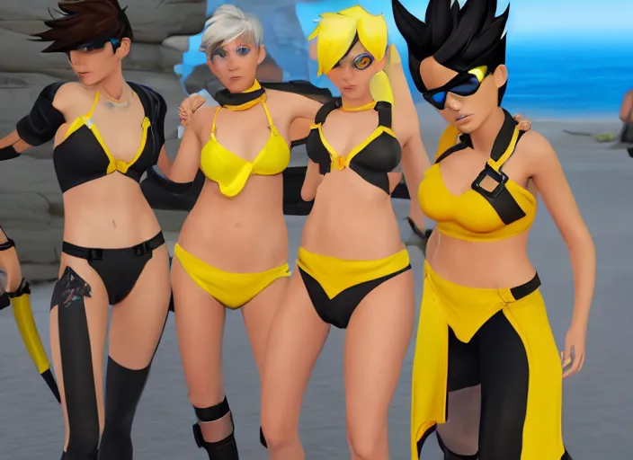 Image similar to tracer game character, in yellow bikini, blonde hair, black eyes, full height