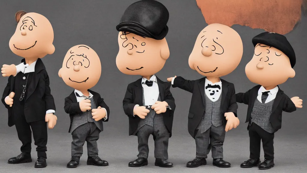 Prompt: peanuts heads dressed like the peaky blinders