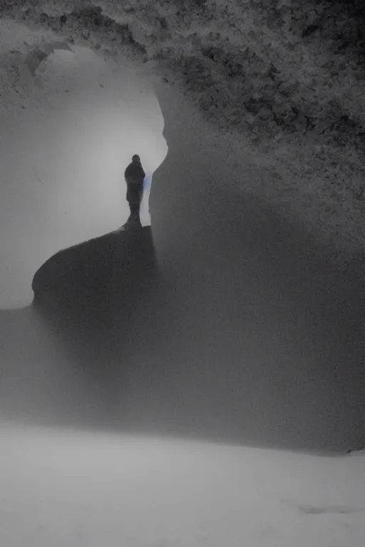 Image similar to brocken spectre, lost in the void, ice cave