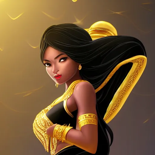 Prompt: aesthetic!!!!!! Female genie in Arabic clothing, black skin, long black hair, gold tint, frontal pose, cinematic lighting, silk, fabric, full-length view, cinematic, hyper realism, 8k, pores depth of field, concept art vibrant.