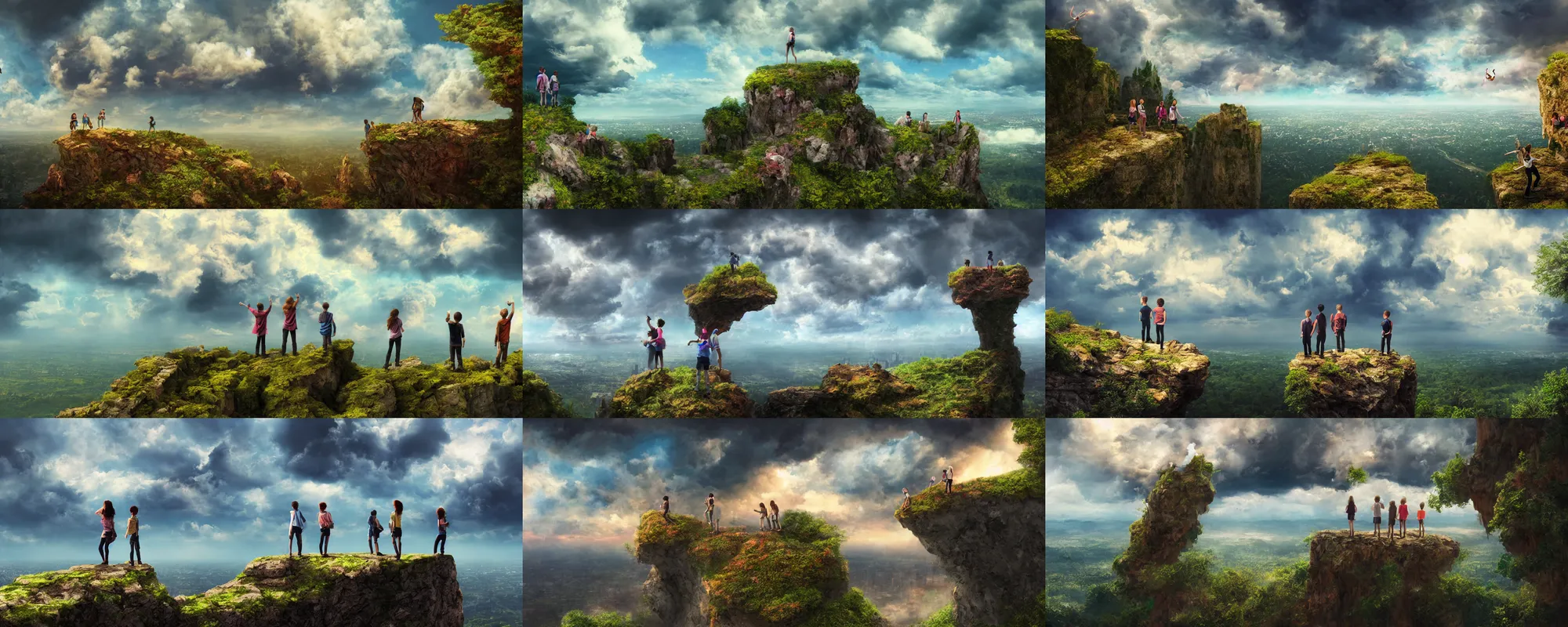 Prompt: Colorful dramatic puffy clouds, 3 teens standing on the edge of a cliff overlooking city in a forest, , matte painting, concept art, 4K