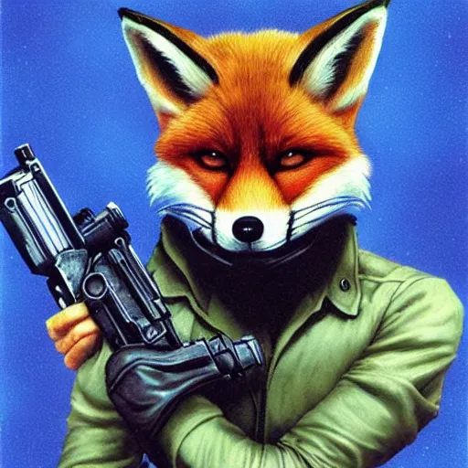 Image similar to a portrait of fox mccloud holding a blaster, suspenseful, heroic, anthropomorphic furry art, star fox, by jim burns, vincent di fate, and peter elson