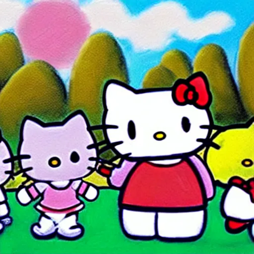 Image similar to painting of hello kitty and hello kitty friends and sanrio characters and playing outside on a sunny day, adventures of hello kitty and friends, by artgerm