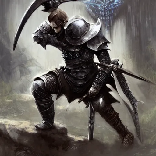 Image similar to messi as a knight crouching down holding a sword over his head by daniel gerhartz, artorias, abysswalker, dark souls, featured on deviantart, fantasy art, concept art, 2 d game art, official art