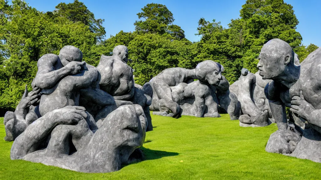 Prompt: a colossal impossible granite sculpture garden by michelangelo and henry moore and david cerny, on a green lawn, distant mountains, 8 k, dslr camera, enormous creatures augment my desire, award winning