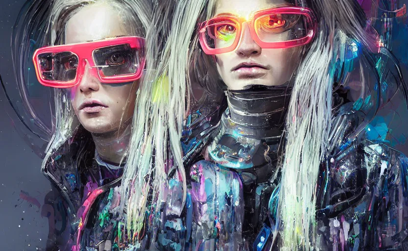 Prompt: detailed portrait neon guard girl with glasses long straight blonde hair seen from the back, cyberpunk futuristic, reflective puffer jacket, black leggings, decorated with traditional ornaments in front of a dystopian crowd with piles of garbage by ismail inceoglu dragan bibin hans thoma, perfect face, fine details, realistic shaded, fine - face, pretty face
