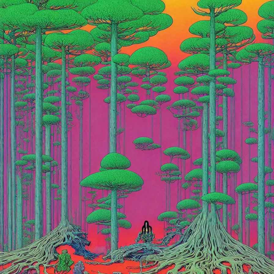 Image similar to ( ( ( ( ( forest on a mysterious planet ) ) ) ) ) by mœbius!!!!!!!!!!!!!!!!!!!!!!!!!!!, colorful, record jacket