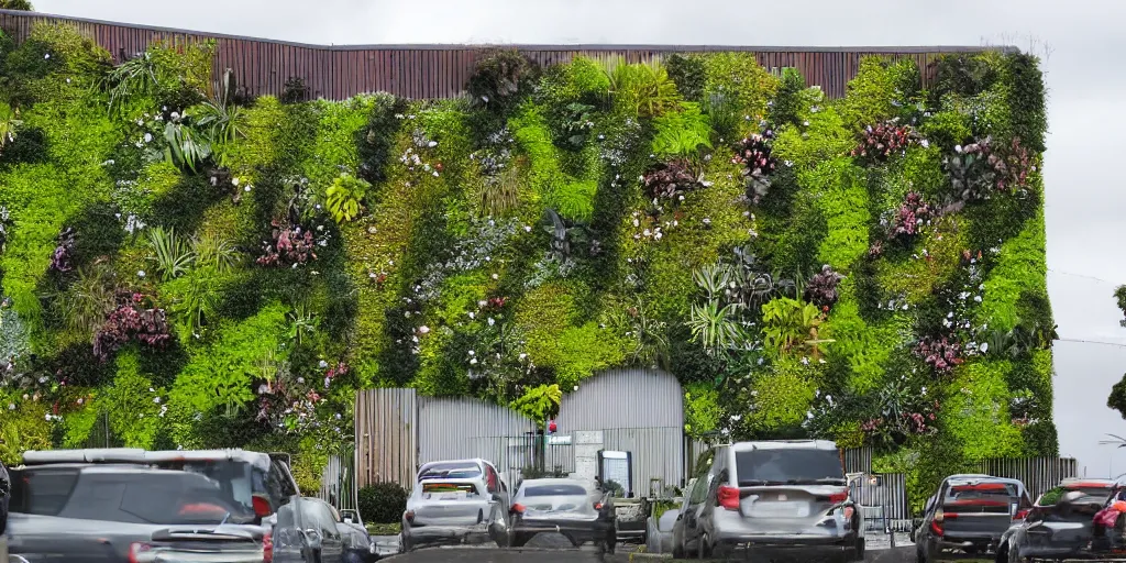 Prompt: a new zealand city street where every building is covered in living walls made of nz native plants