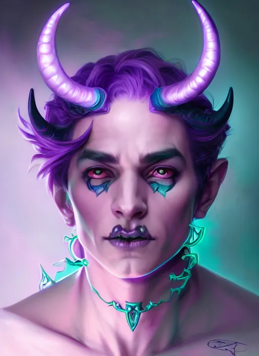 Prompt: symmetry!! portrait of a feminine mischievous trickster male purple and teal skinned tiefling with demon horns and piercings bard, glowing lights!! intricate, elegant, highly detailed, digital painting, artstation, concept art, smooth, sharp focus, illustration, art by artgerm and greg rutkowski and alphonse mucha